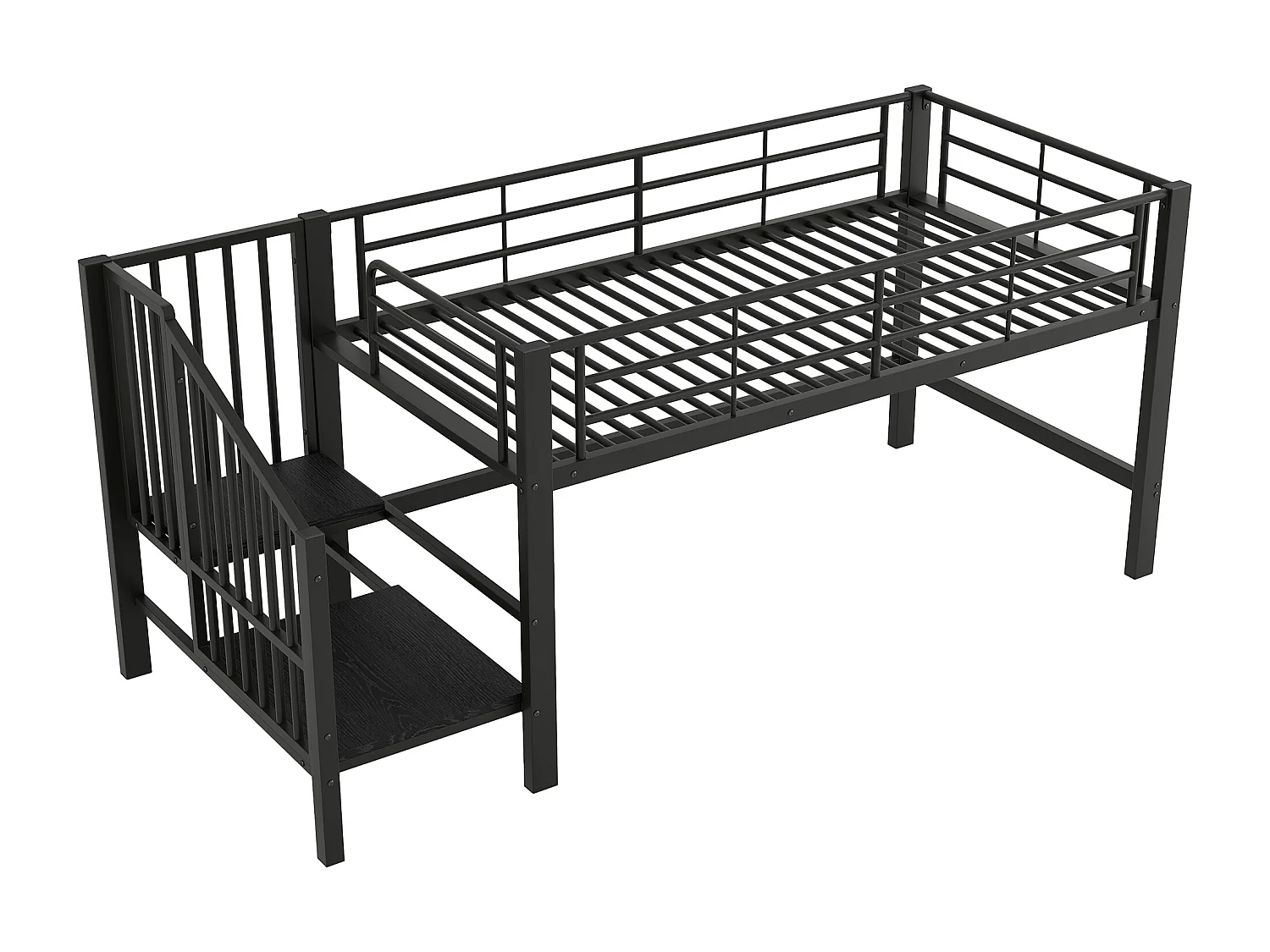 Lit mi-hauteur 90x200cm avec escalier de rangement, métal + MDF, noir