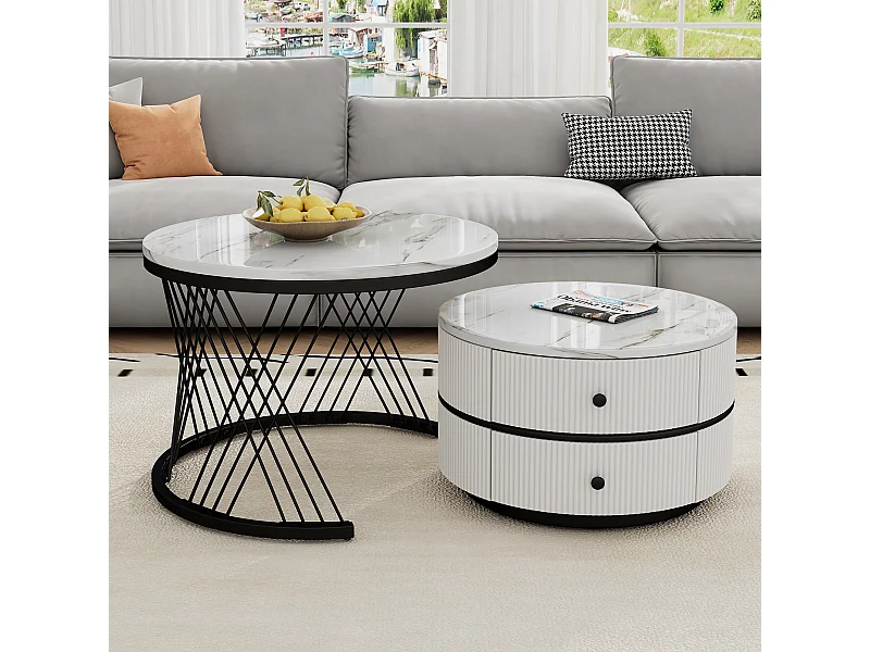 Lot de 2 tables gigognes avec 2 tiroirs , plateau à l'aspect marbré - Blanc et noir