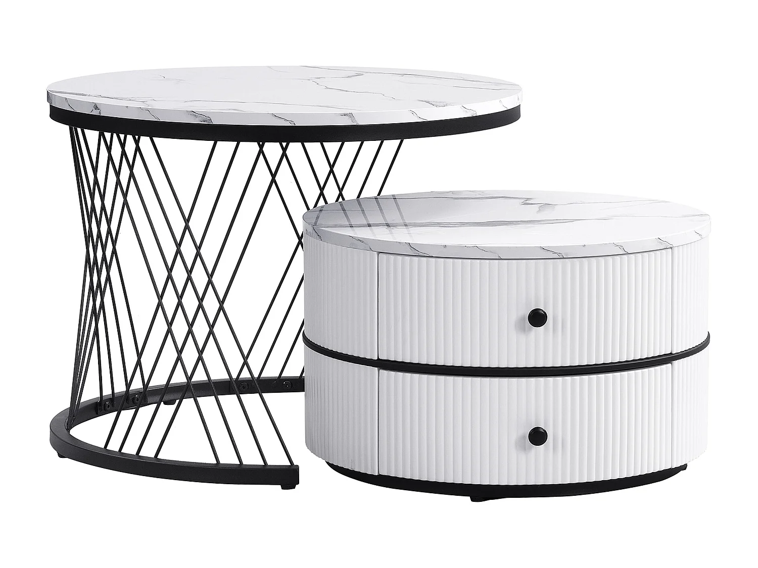 Lot de 2 tables gigognes avec 2 tiroirs , plateau à l'aspect marbré - Blanc et noir