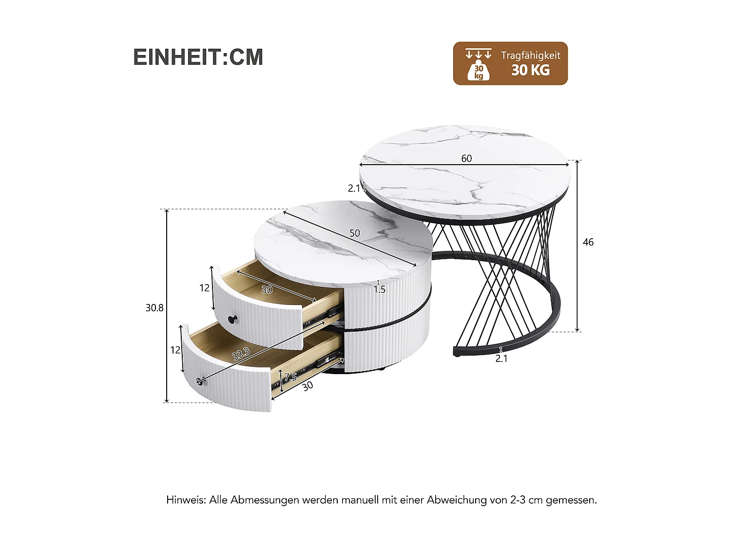 Lot de 2 tables gigognes avec 2 tiroirs , plateau à l'aspect marbré - Blanc et noir