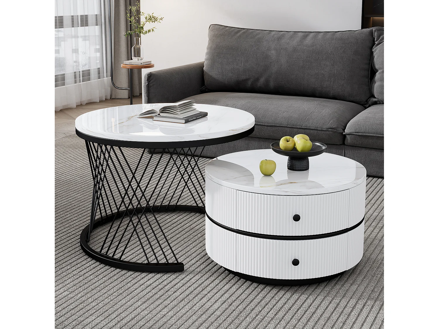 Lot de 2 tables gigognes avec 2 tiroirs , plateau à l'aspect marbré - Blanc et noir