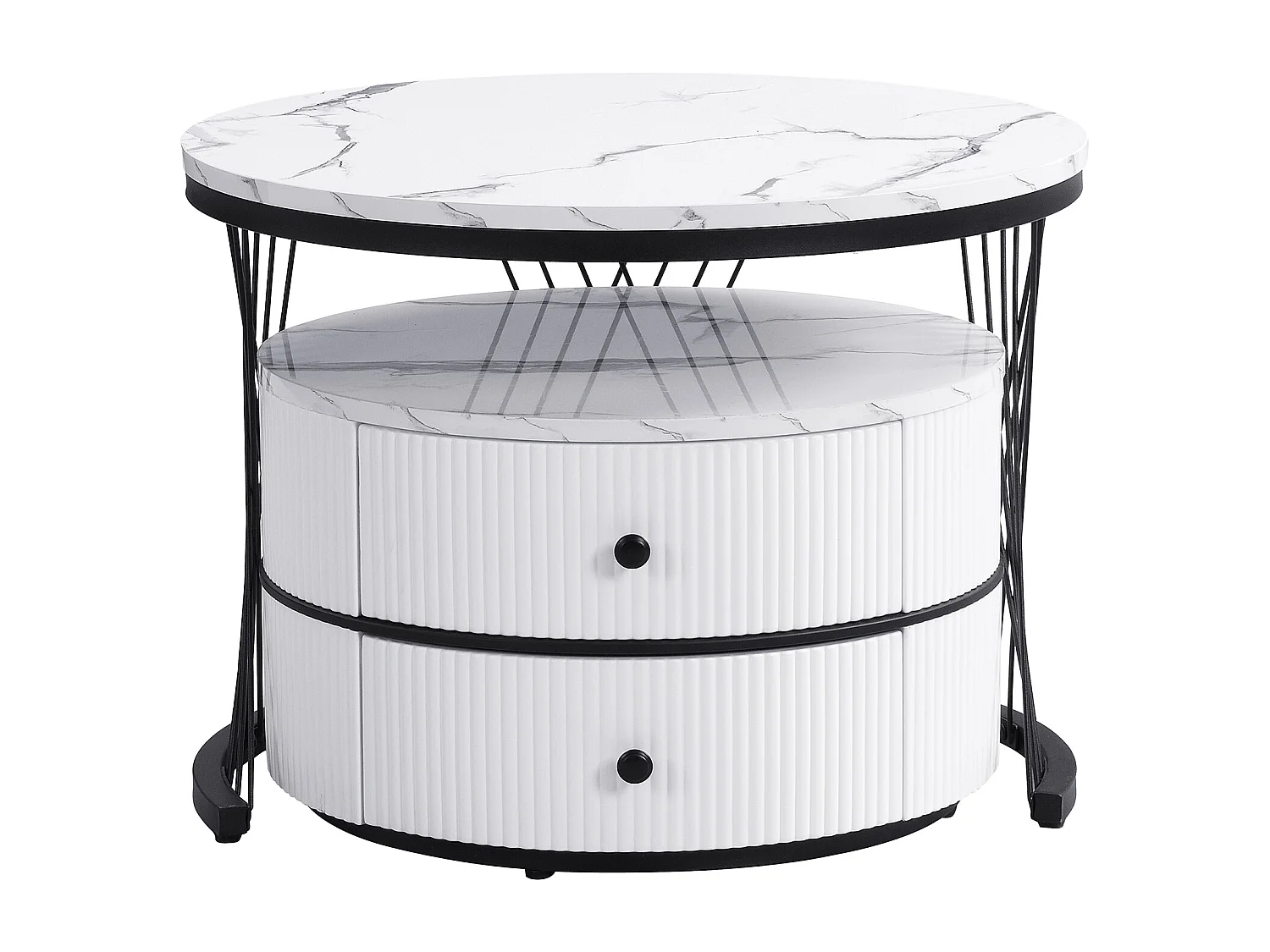 Lot de 2 tables gigognes avec 2 tiroirs , plateau à l'aspect marbré - Blanc et noir