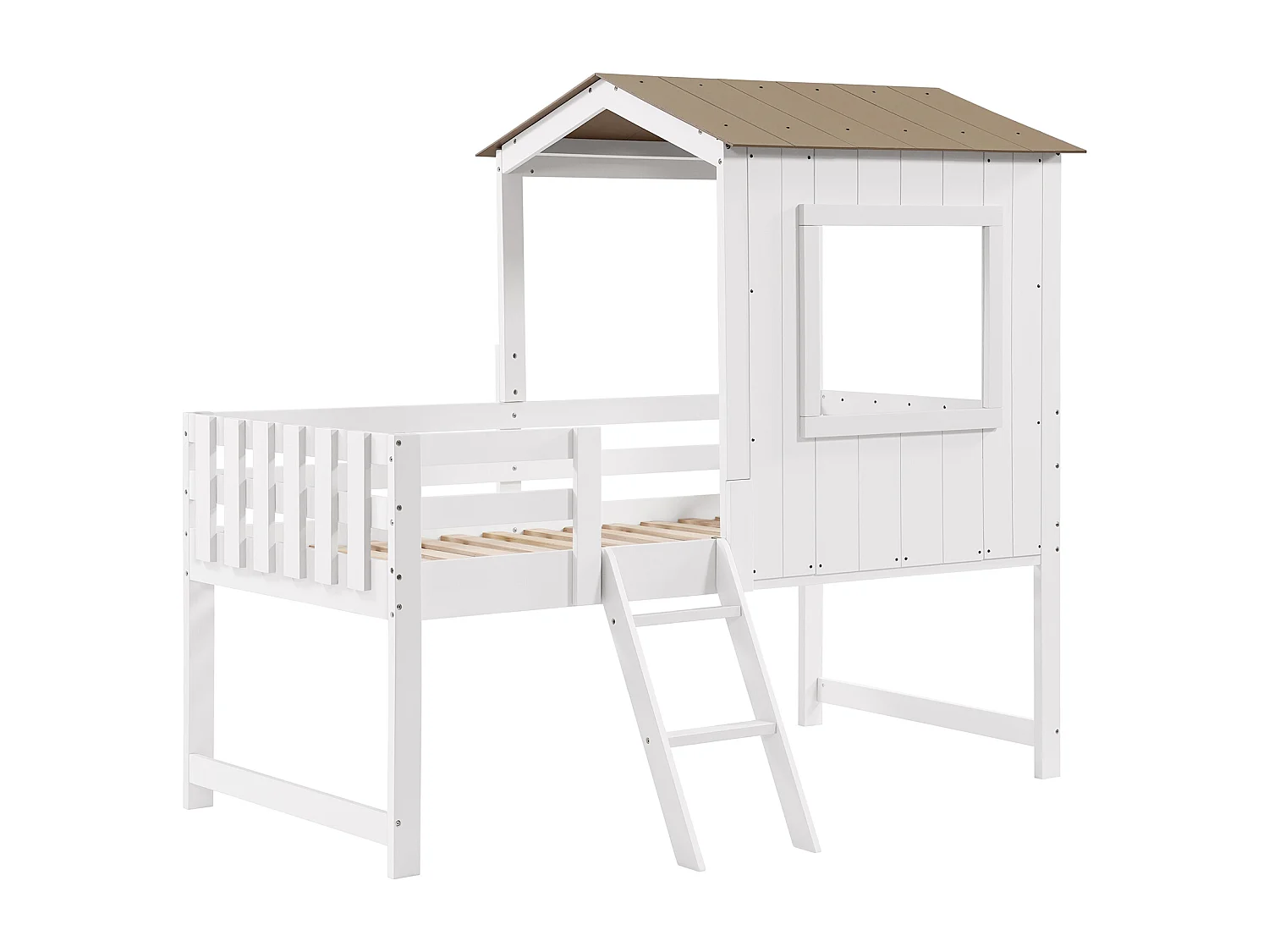 Kinderbed halfhoog 90x200cm met uitvalbeveiliging en ladder - Wit en hout