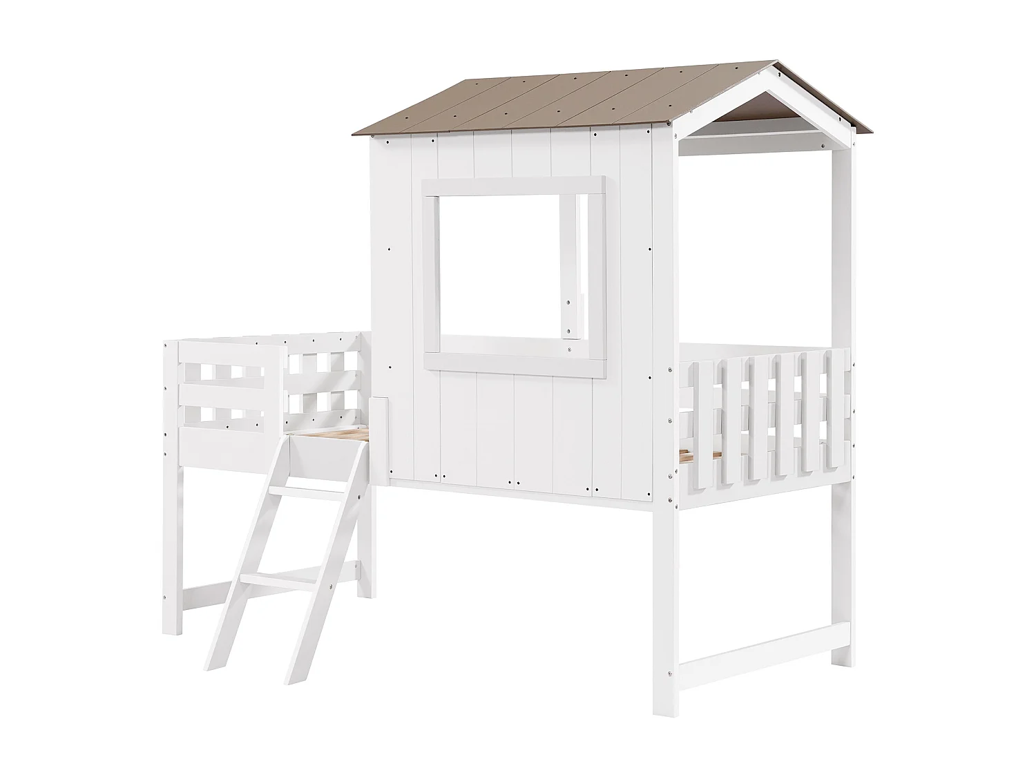 Kinderbed halfhoog 90x200cm met uitvalbeveiliging en ladder - Wit en hout