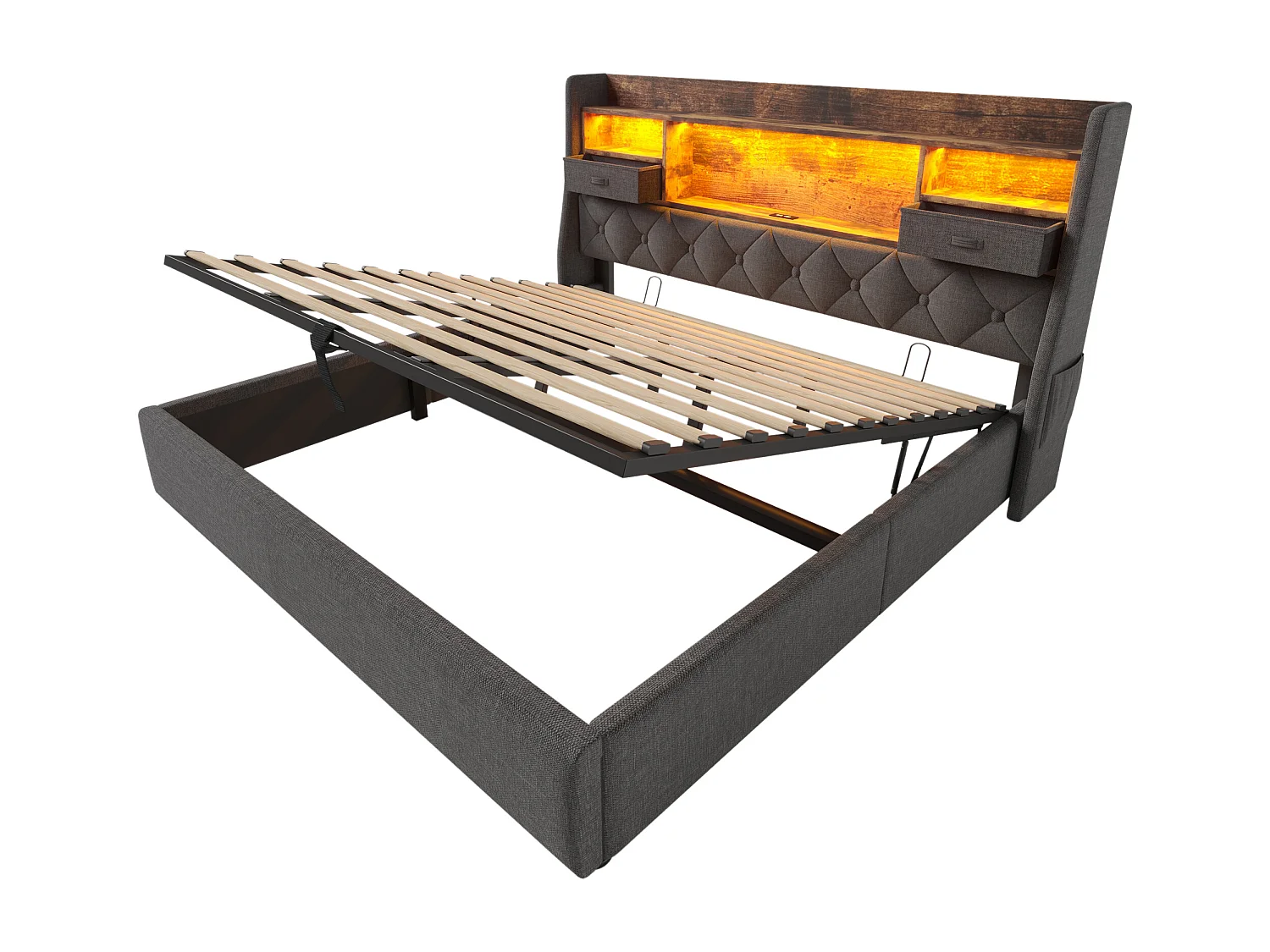 Lit coffre double 180x200cm avec LED, 2 tiroirs, Type-C et 3 USB - Tissu lin gris