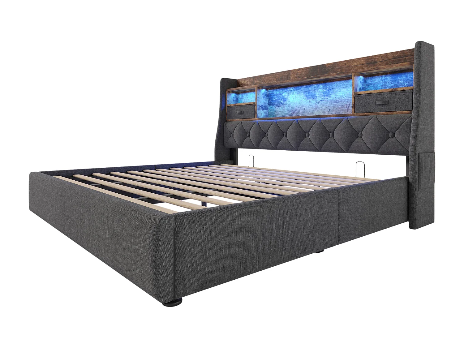 Lit coffre double 180x200cm avec LED, 2 tiroirs, Type-C et 3 USB - Tissu lin gris