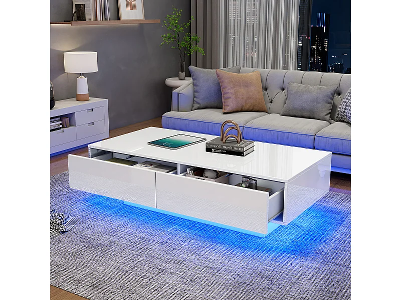 Table basse blanche avec 2 tiroirs et éclairage LED ,finition brillante