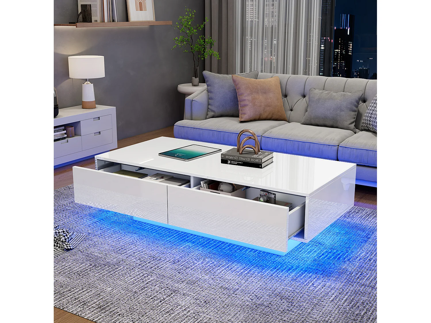 Table basse blanche avec 2 tiroirs et éclairage LED ,finition brillante