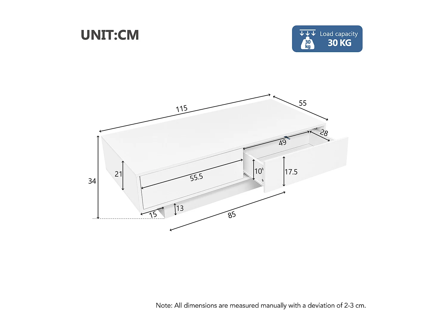 Table basse blanche avec 2 tiroirs et éclairage LED ,finition brillante