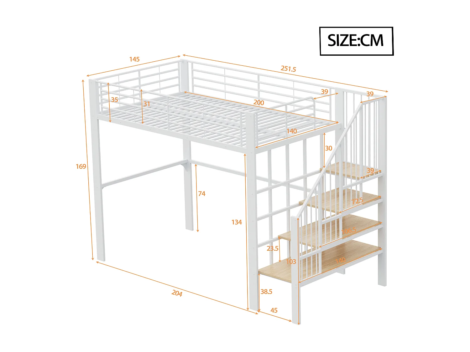 Lit mezzanine 140 x 200 cm avec escalier de rangement - Métal + bois - Blanc (sans matelas)