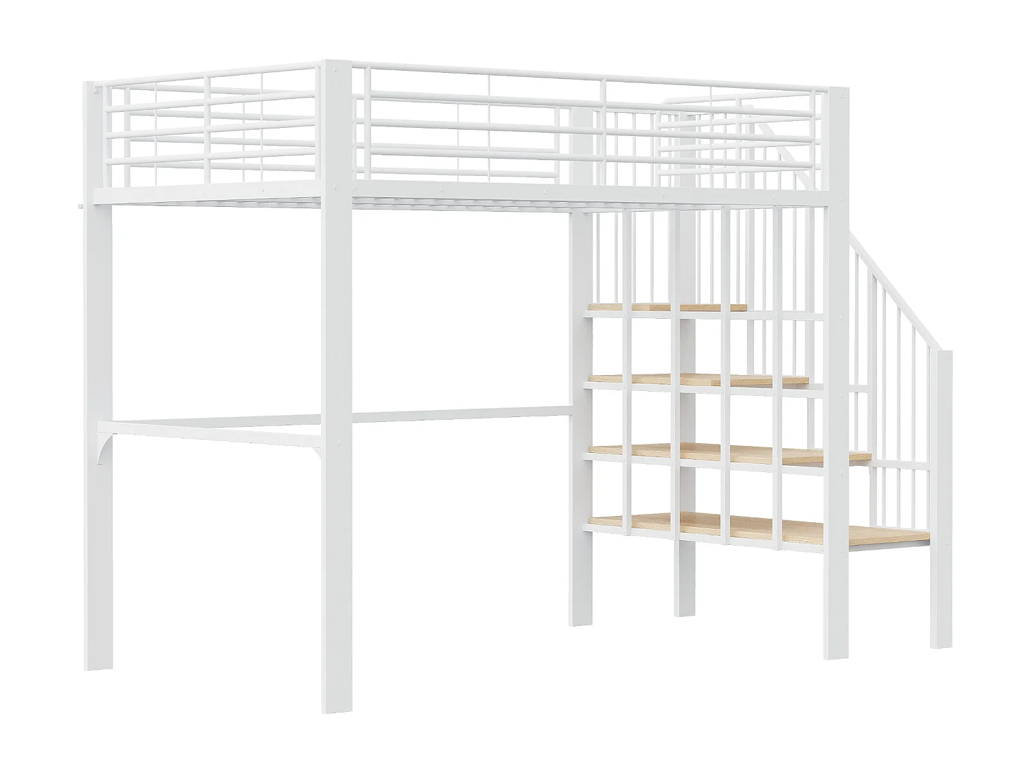 Lit mezzanine 140 x 200 cm avec escalier de rangement - Métal + bois - Blanc (sans matelas)