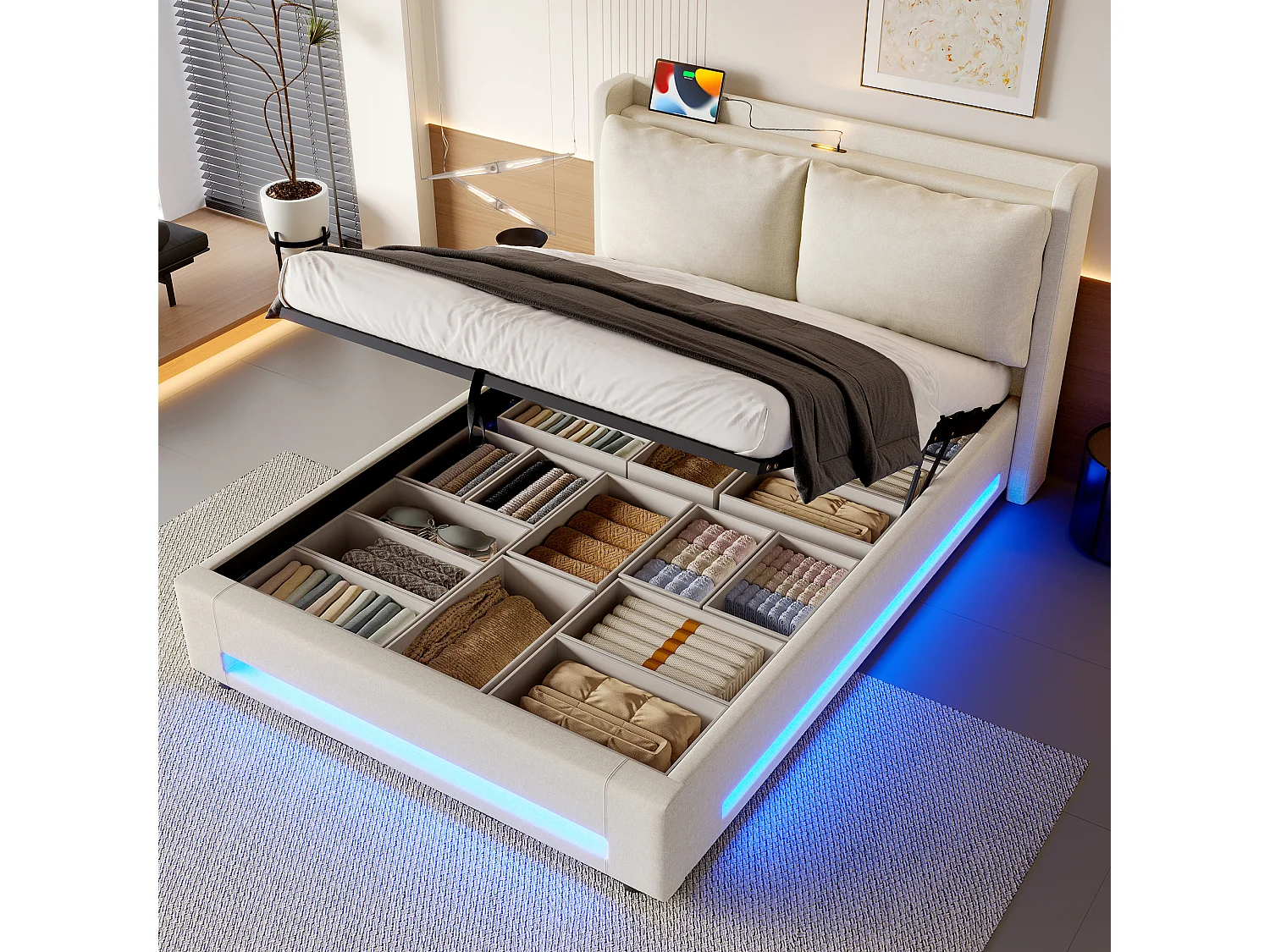 Lit coffre 140x200cm avec USB-C, LED et coussin amovible - Tiss lin beige - Sans matelas