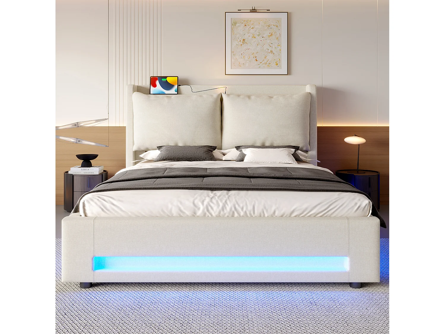 Letto contenitore 140x200cm con USB-C, luce LED e cuscino rimovibile - Tessuto in lino beige - Materasso non incluso