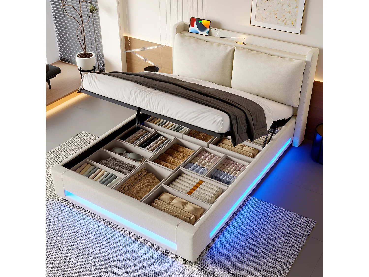Letto contenitore 140x200cm con USB-C, luce LED e cuscino rimovibile - Tessuto in lino beige - Materasso non incluso