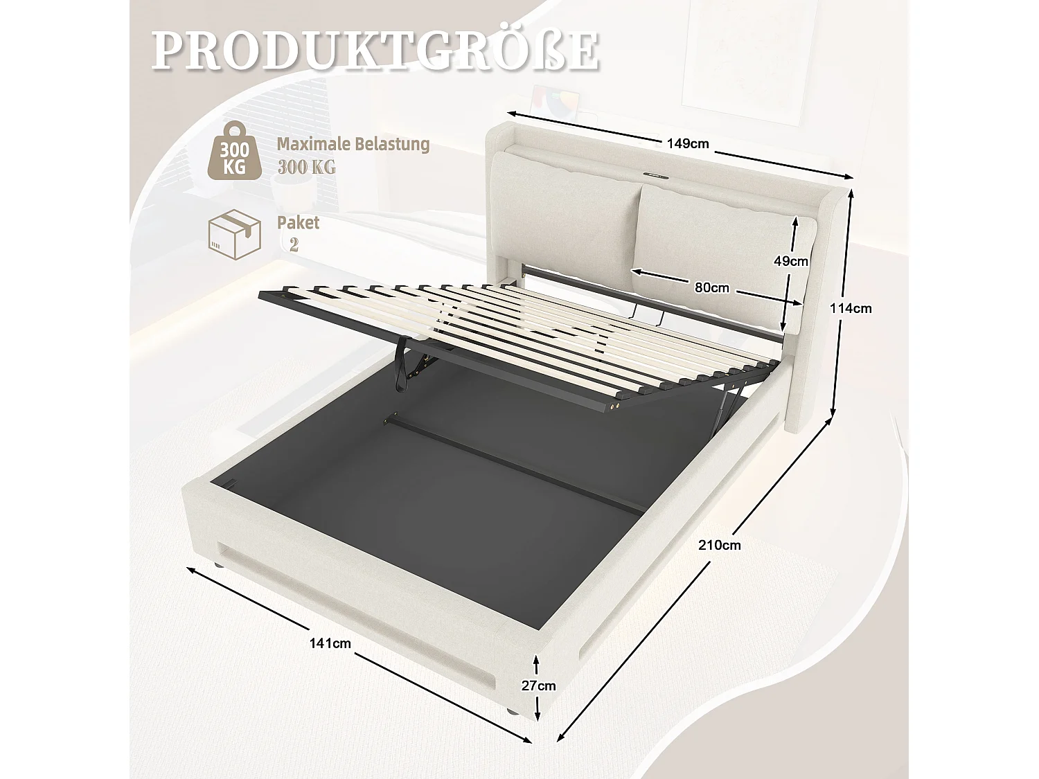 Letto contenitore 140x200cm con USB-C, luce LED e cuscino rimovibile - Tessuto in lino beige - Materasso non incluso