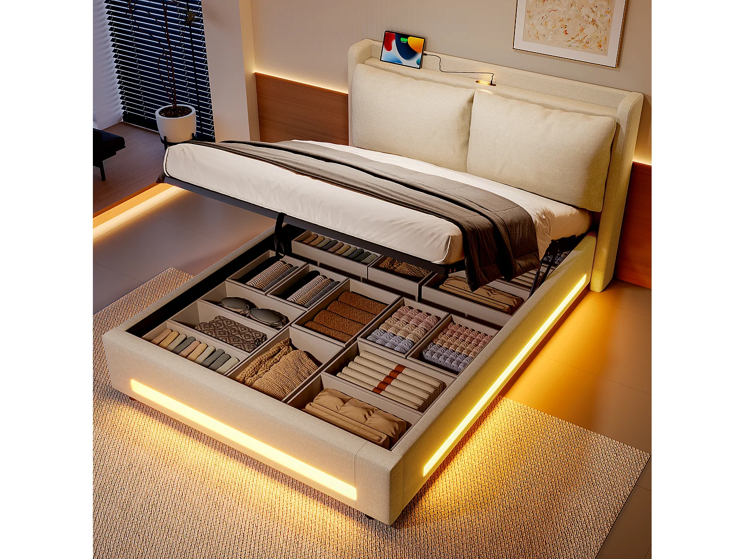 Letto contenitore 140x200cm con USB-C, luce LED e cuscino rimovibile - Tessuto in lino beige - Materasso non incluso