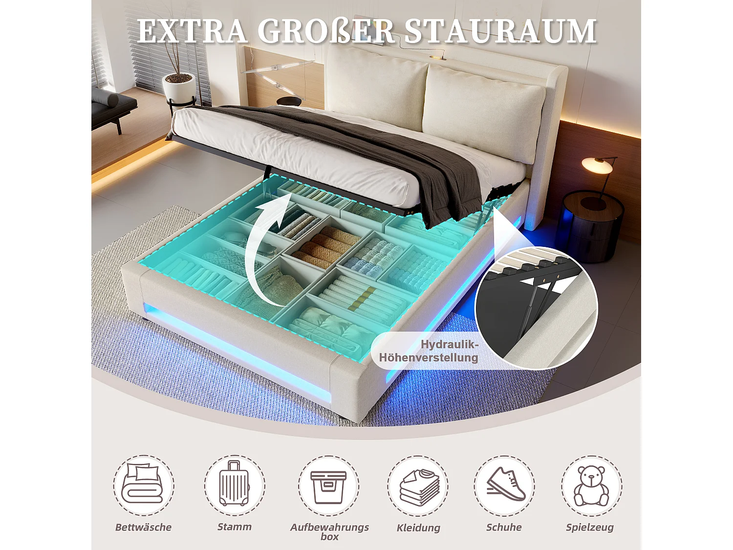 Letto contenitore 140x200cm con USB-C, luce LED e cuscino rimovibile - Tessuto in lino beige - Materasso non incluso