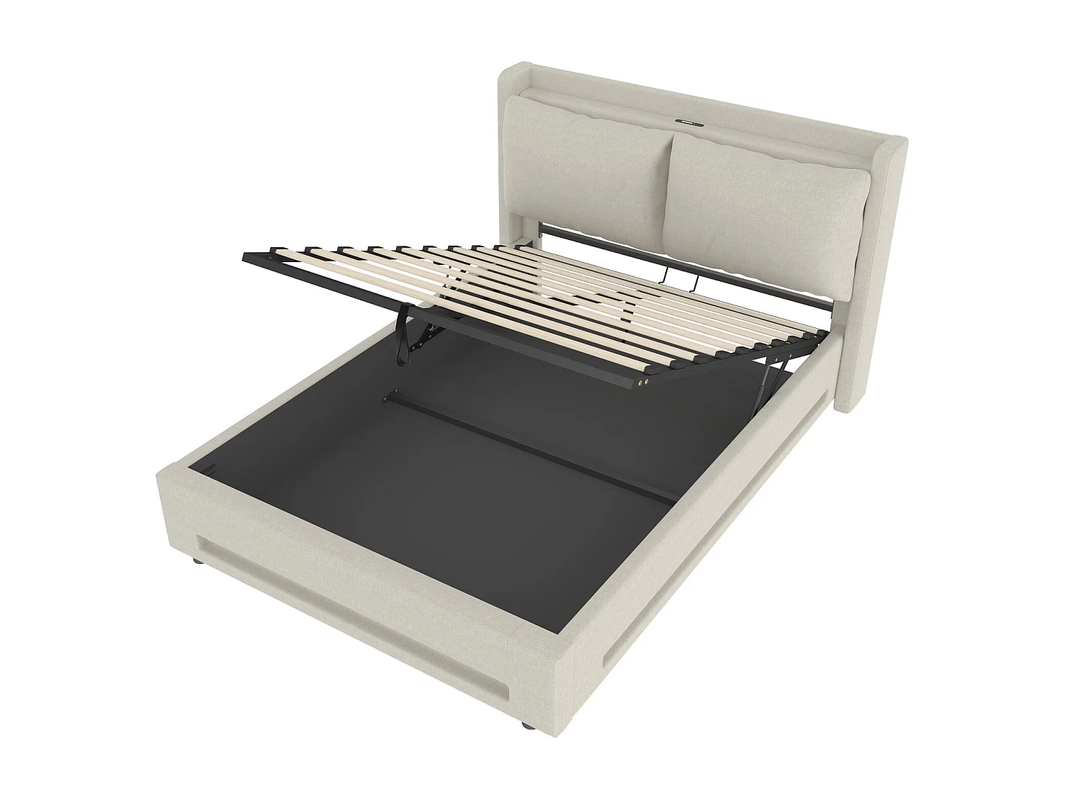 Letto contenitore 140x200cm con USB-C, luce LED e cuscino rimovibile - Tessuto in lino beige - Materasso non incluso