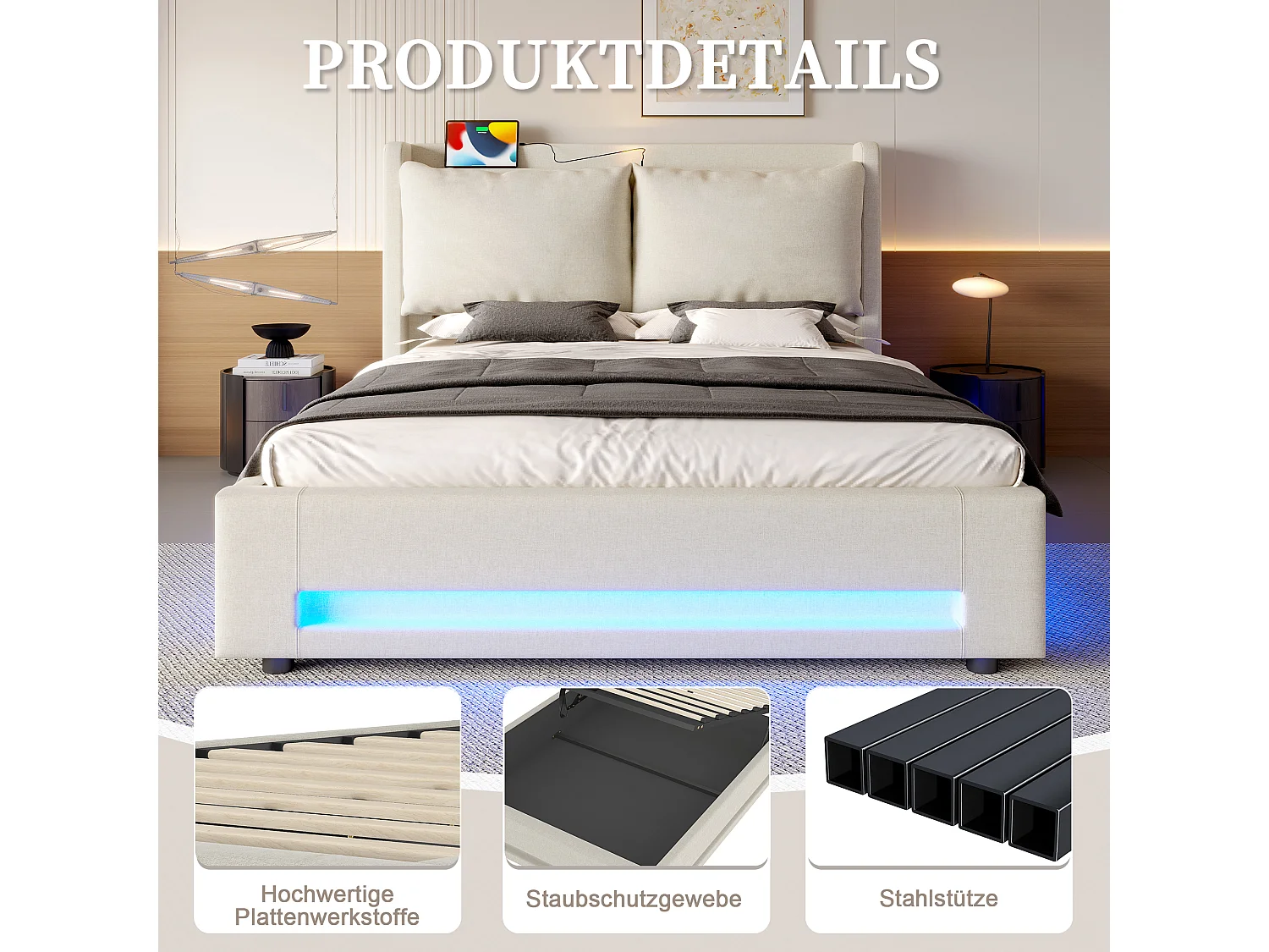 Letto contenitore 140x200cm con USB-C, luce LED e cuscino rimovibile - Tessuto in lino beige - Materasso non incluso