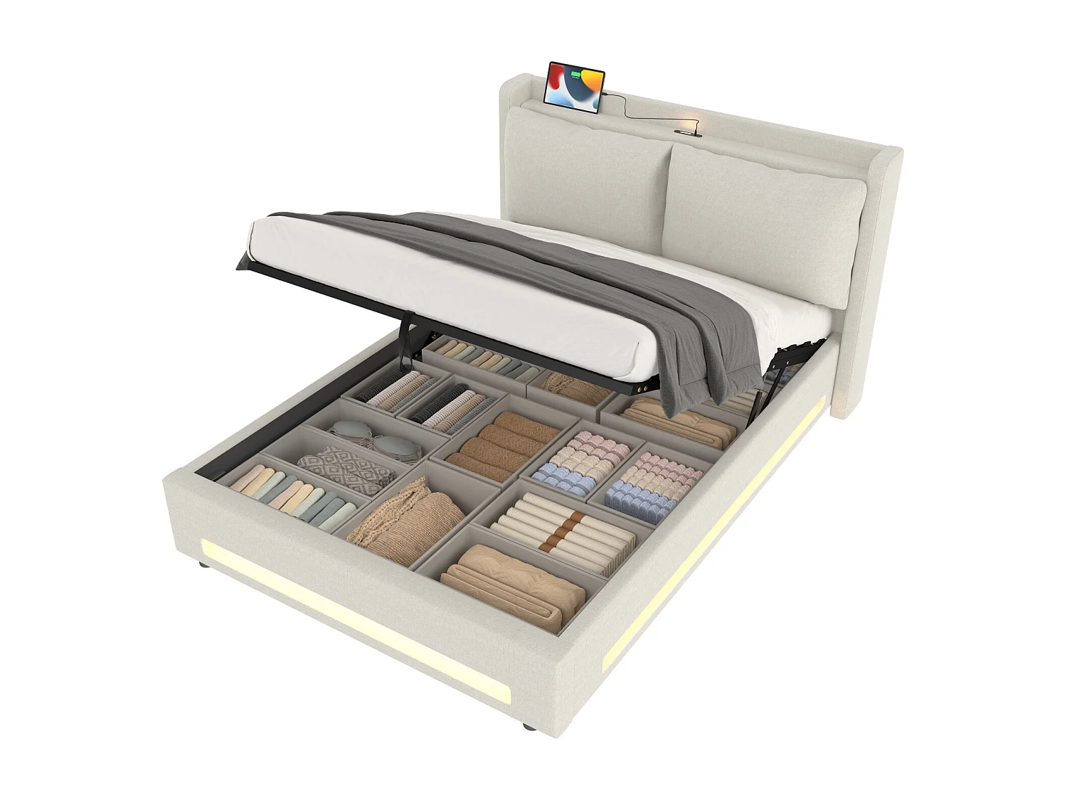 Letto contenitore 140x200cm con USB-C, luce LED e cuscino rimovibile - Tessuto in lino beige - Materasso non incluso