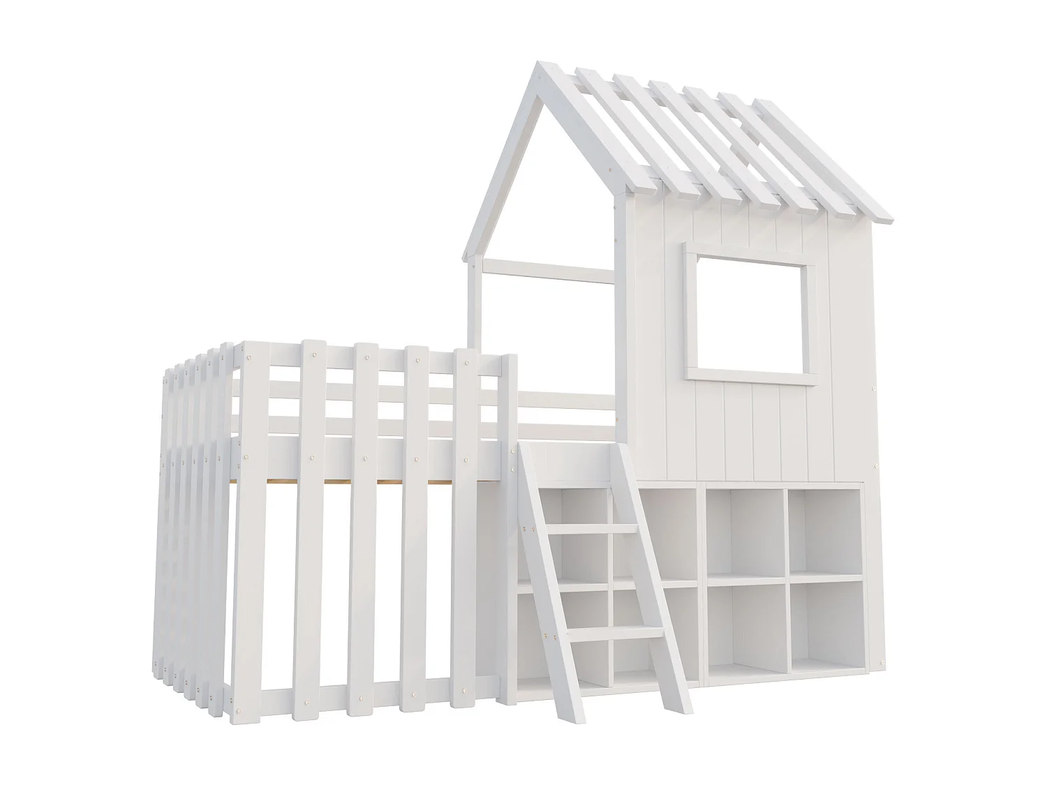 Lit mi-haut 90x200cm - Lit cabane enfant avec rangement et échelle - Blanc
