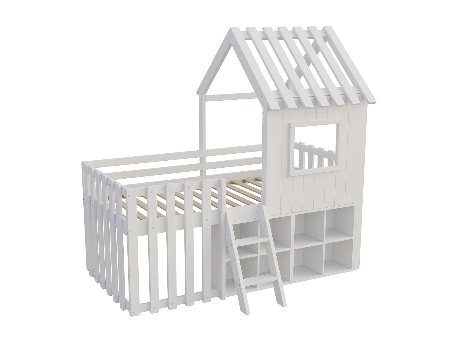 Lit mi-haut 90x200cm - Lit cabane enfant avec rangement et échelle - Blanc
