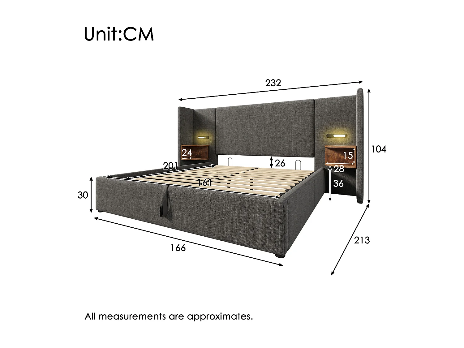 Letto matrimoniale con contenitore 160x200 cm, comodino, lampada da lettura e porta USB Type-C, tessuto di lino grigio
