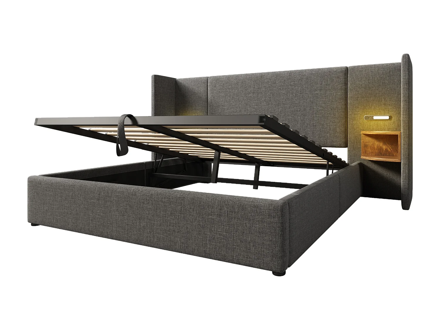 Lit double coffre160x200cm avec table de chevet, lampe de lecture et port USB， Type-C , tissu lin gris