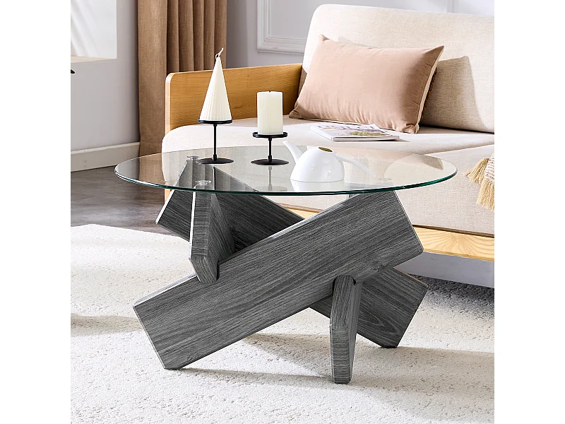 Mesa de centro redonda con patas en forma de cruz - Tapa de cristal - Madera gris