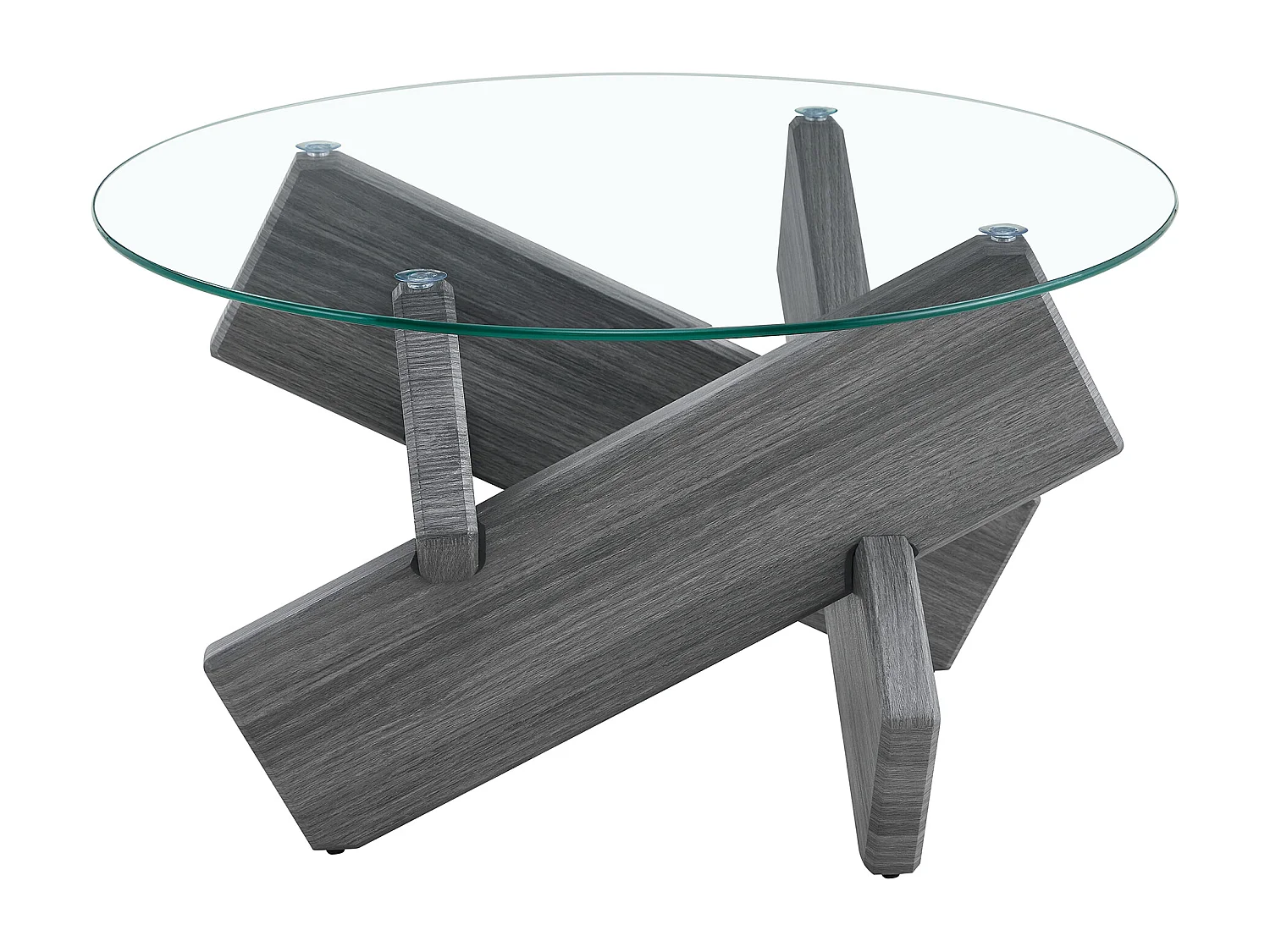 Ronde salontafel met kruisvormige poten - Glazen blad - Grijs hout