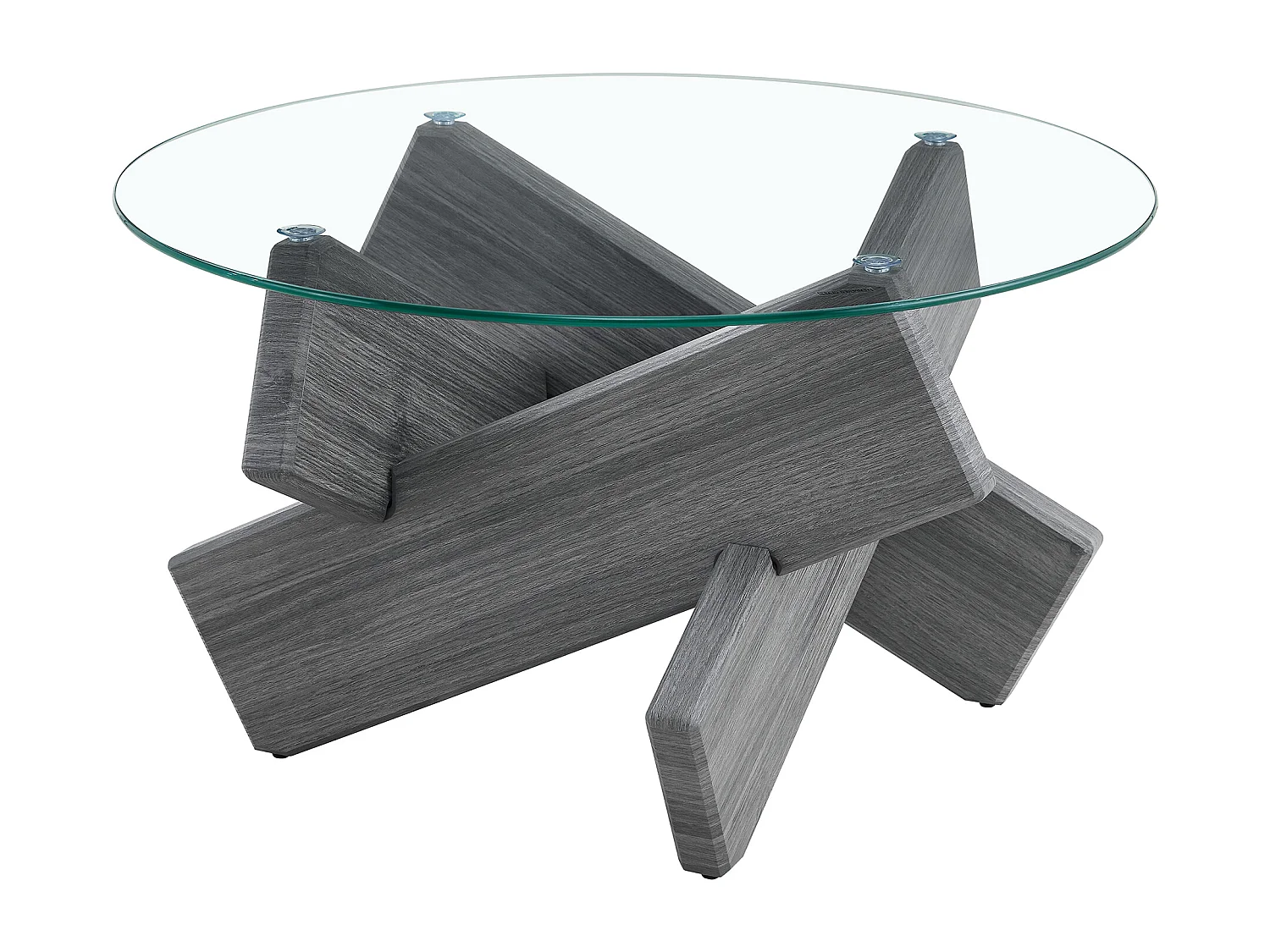 Ronde salontafel met kruisvormige poten - Glazen blad - Grijs hout