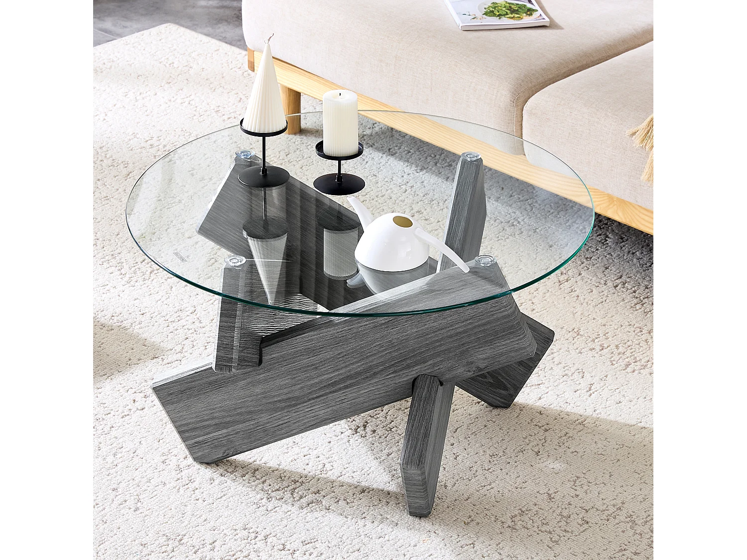 Table basse ronde avec pieds en forme de croix - Plateau en verre - Bois gris