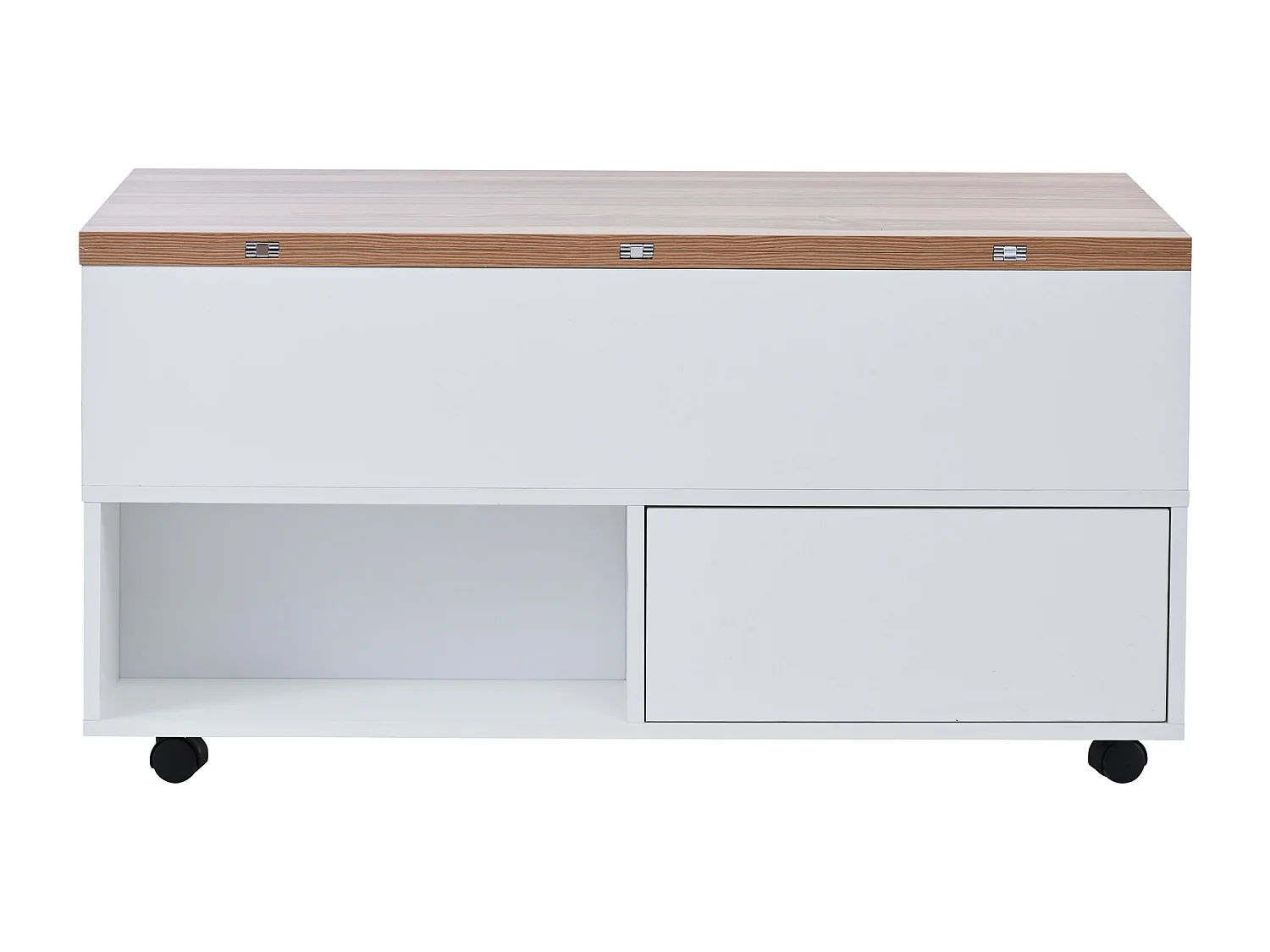 Tavolino da caffè con piano sollevabile, 4 cassetti e 4 ruote - Bianco + naturale