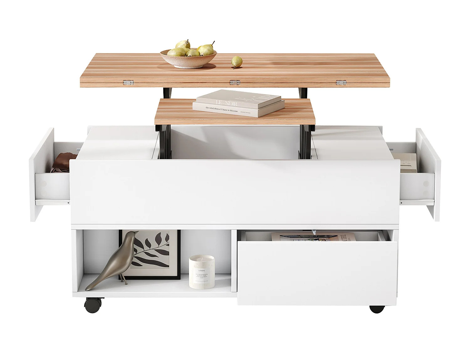 Tavolino da caffè con piano sollevabile, 4 cassetti e 4 ruote - Bianco + naturale