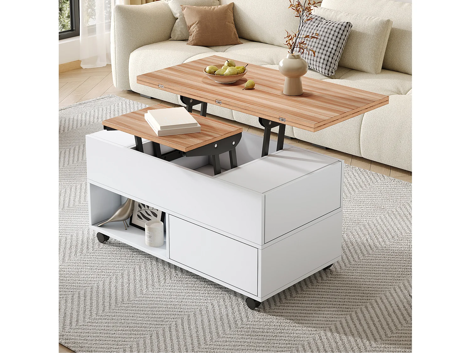 Table basse relevable avec 4 tiroirs et 4 roues - Blanc + naturel