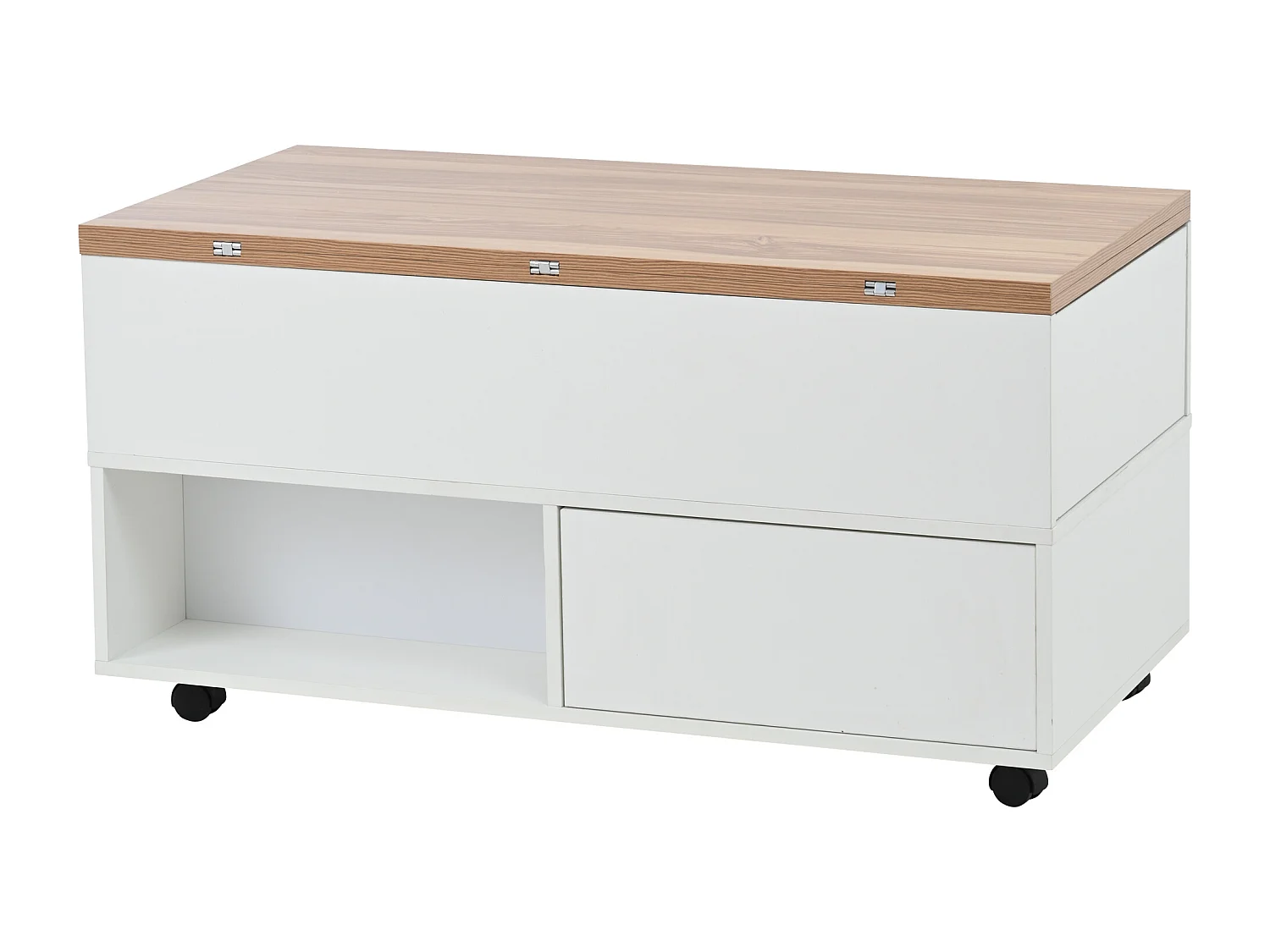 Table basse relevable avec 4 tiroirs et 4 roues - Blanc + naturel