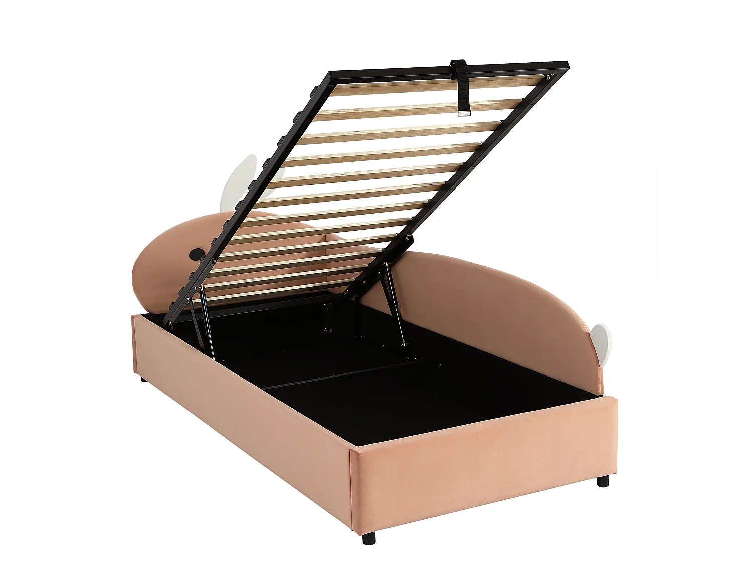 Kinderbed met opbergruimte 90x200cm met konijnenhoofdeinde - Rechterzijpaneel - Roze fluweel