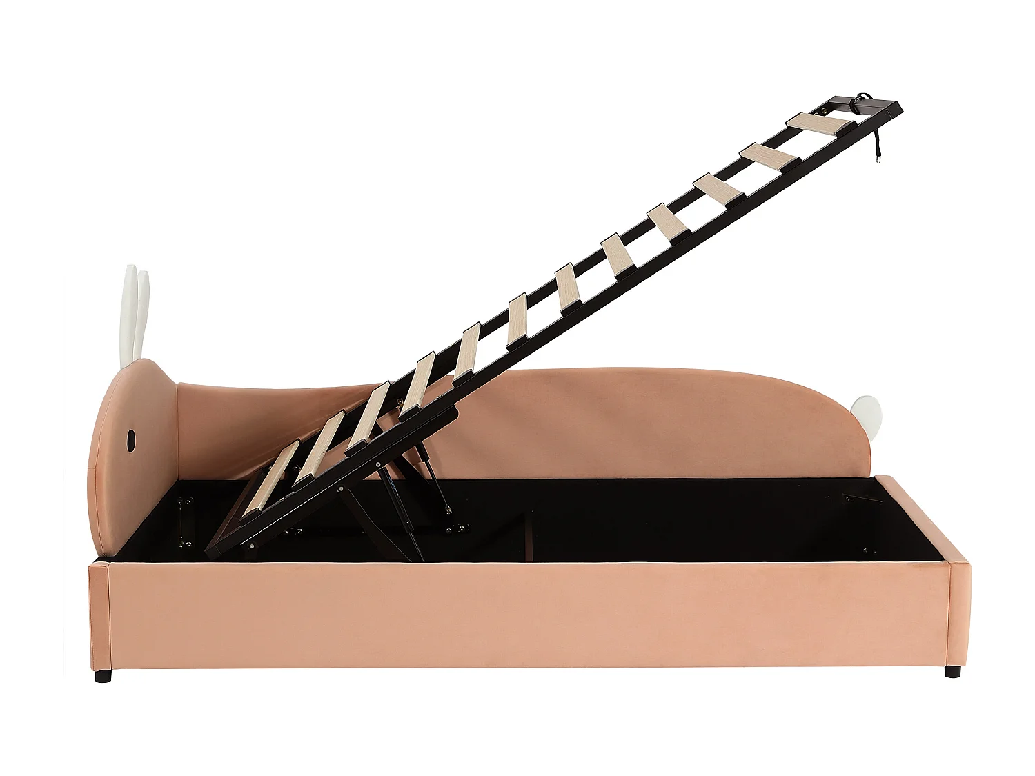 Kinderbed met opbergruimte 90x200cm met konijnenhoofdeinde - Rechterzijpaneel - Roze fluweel