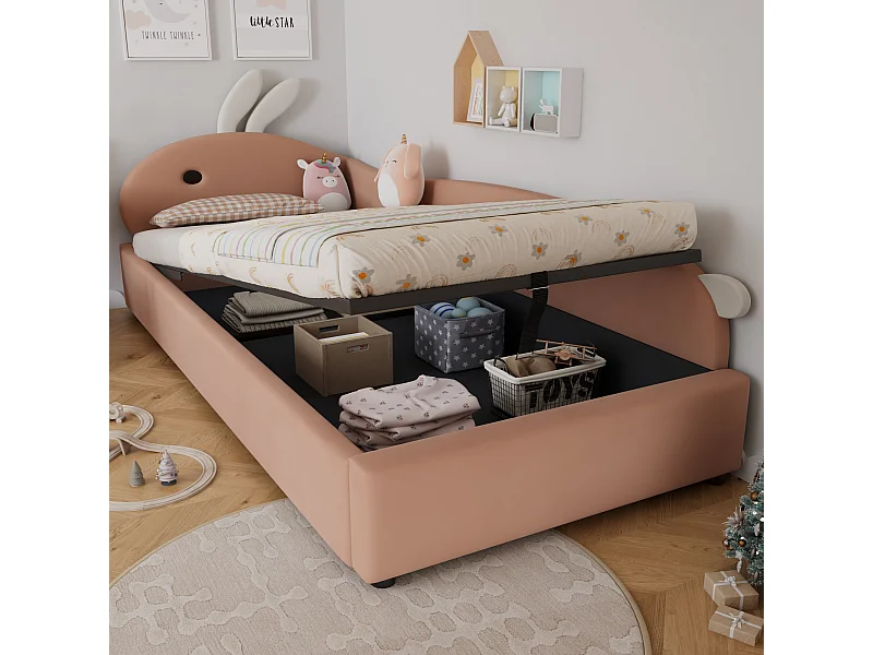 Kinderbed met opbergruimte 90x200cm met konijnenhoofdeinde - Rechterzijpaneel - Roze fluweel