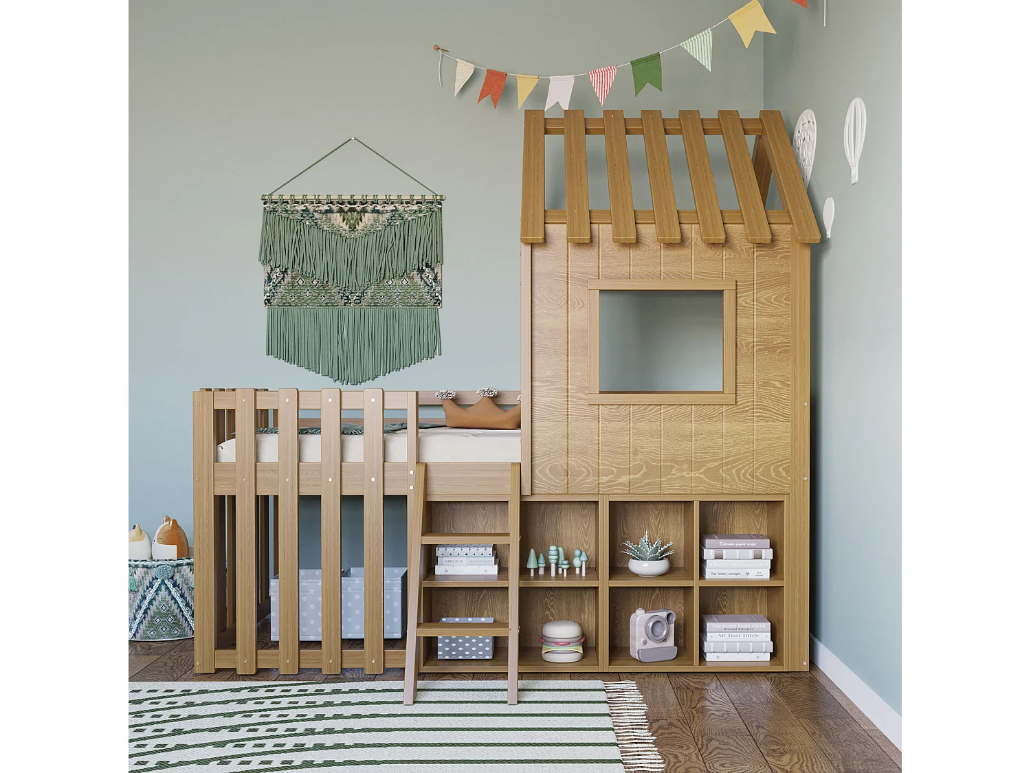 Lit mi-haut 90x200cm - Lit cabane enfant avec rangement et échelle - Naturel