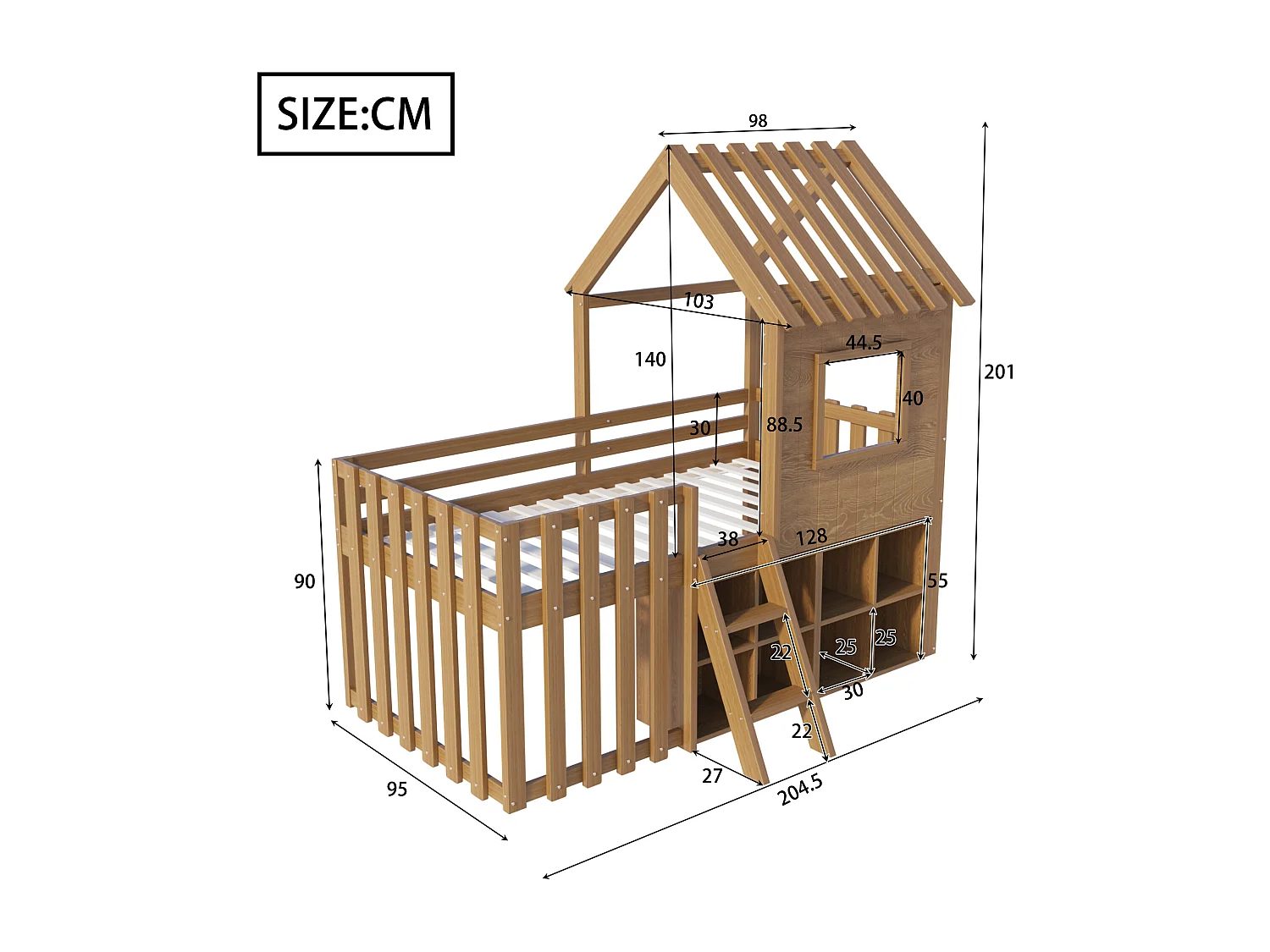 Lit mi-haut 90x200cm - Lit cabane enfant avec rangement et échelle - Naturel