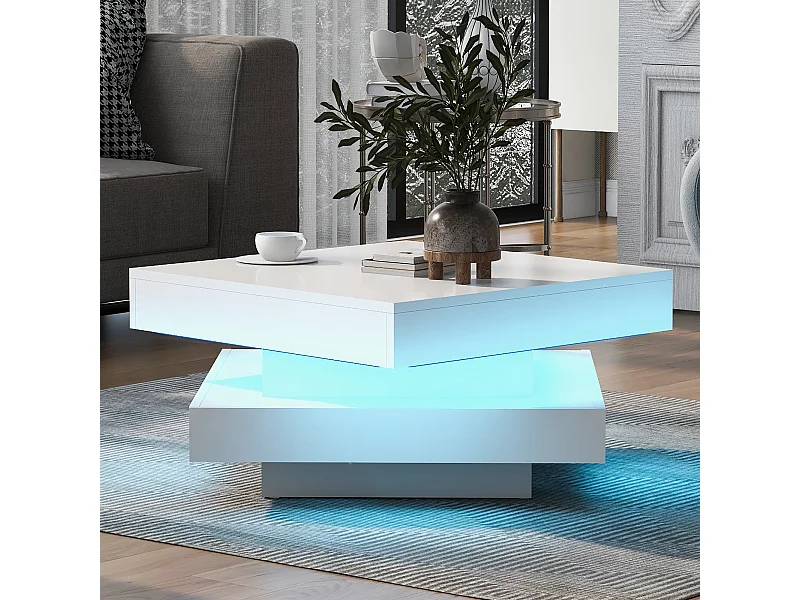 Table basse carrée blanche avec éclairage LED, plateau pivotant, finition brillante.