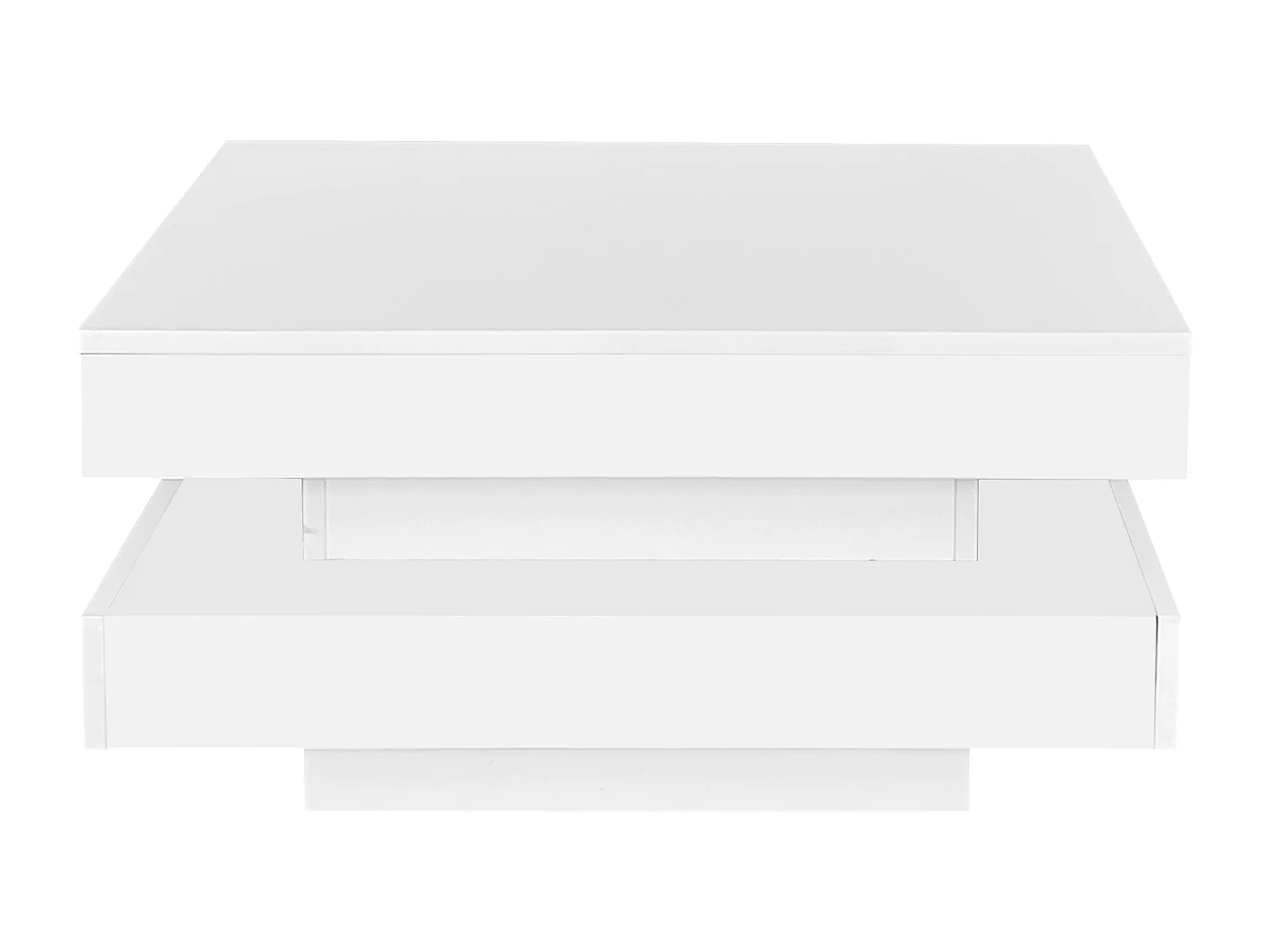 Mesa de centro cuadrada blanca con iluminación LED, tapa giratoria y acabado brillante.