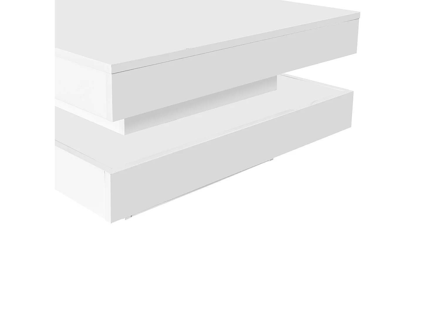 Table basse carrée blanche avec éclairage LED, plateau pivotant, finition brillante.