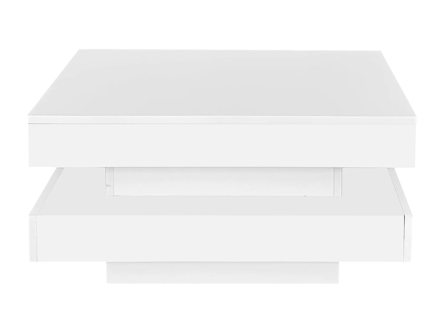 Witte vierkante salontafel met LED-verlichting, draaibaar blad, glanzende afwerking.