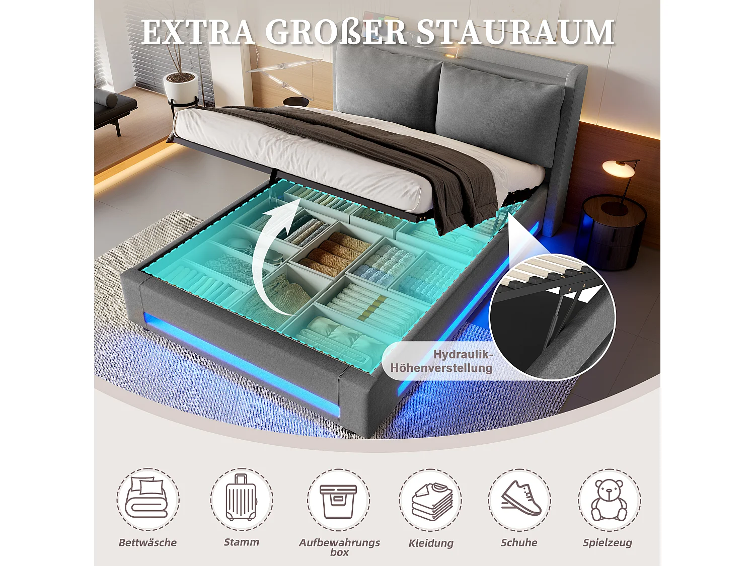 Lit coffre 160x200cm avec USB-C, LED et coussin amovible - Tissu lin gris foncé - Sans matelas