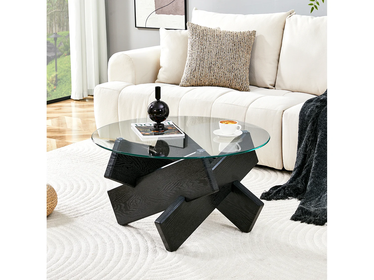 Table basse ronde avec pieds grain de bois noir - Plateau en verre