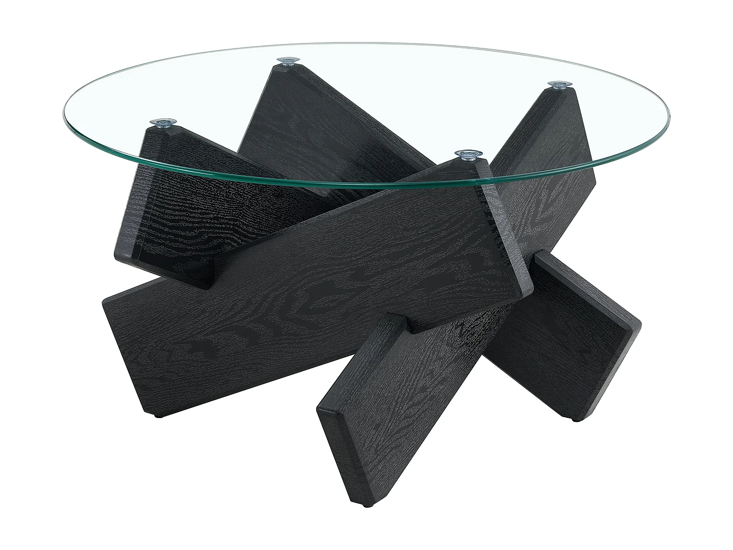 Table basse ronde avec pieds grain de bois noir - Plateau en verre