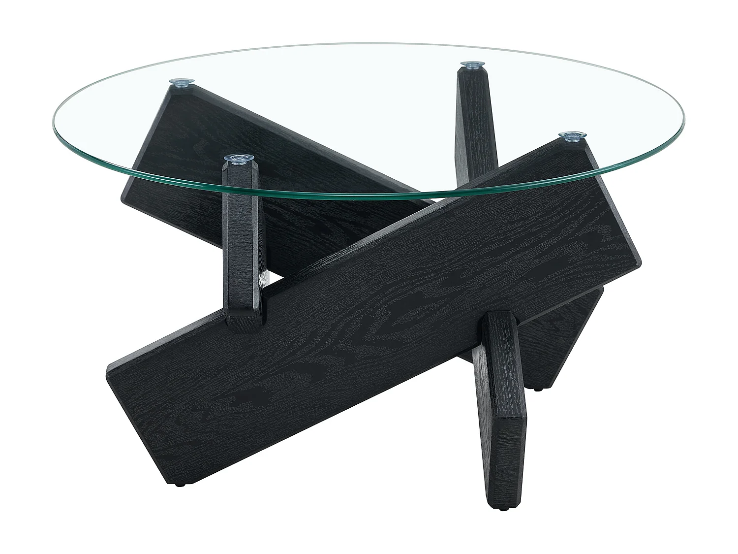 Table basse ronde avec pieds grain de bois noir - Plateau en verre