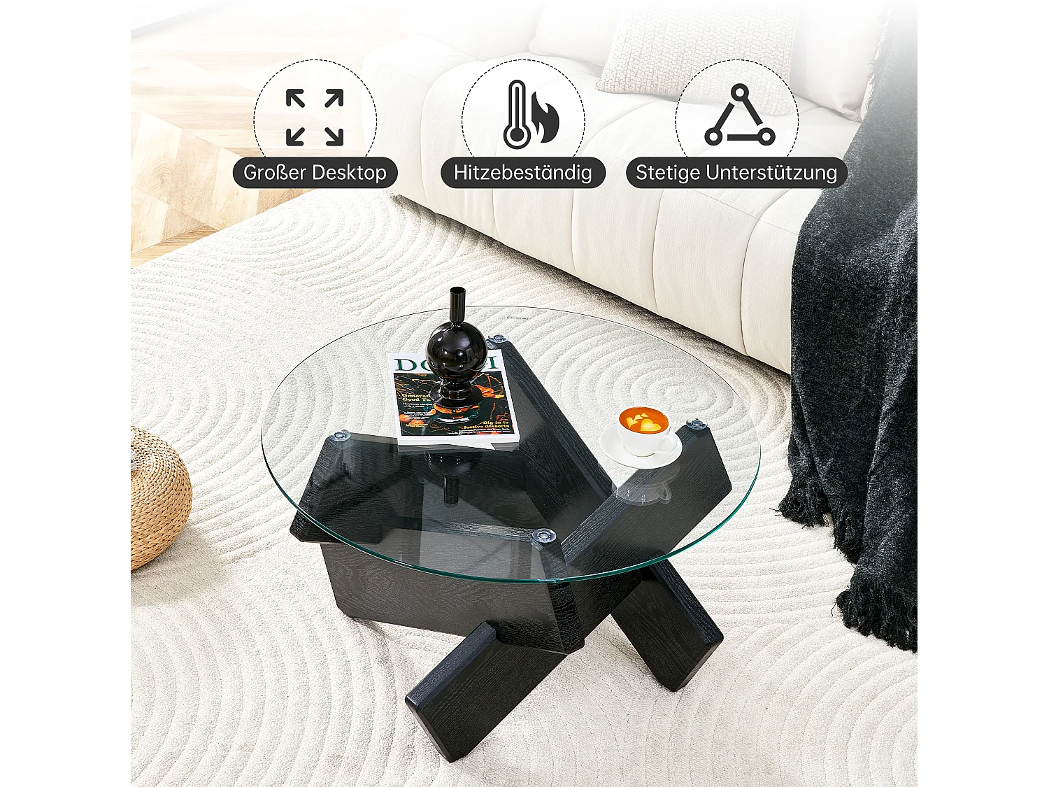 Table basse ronde avec pieds grain de bois noir - Plateau en verre